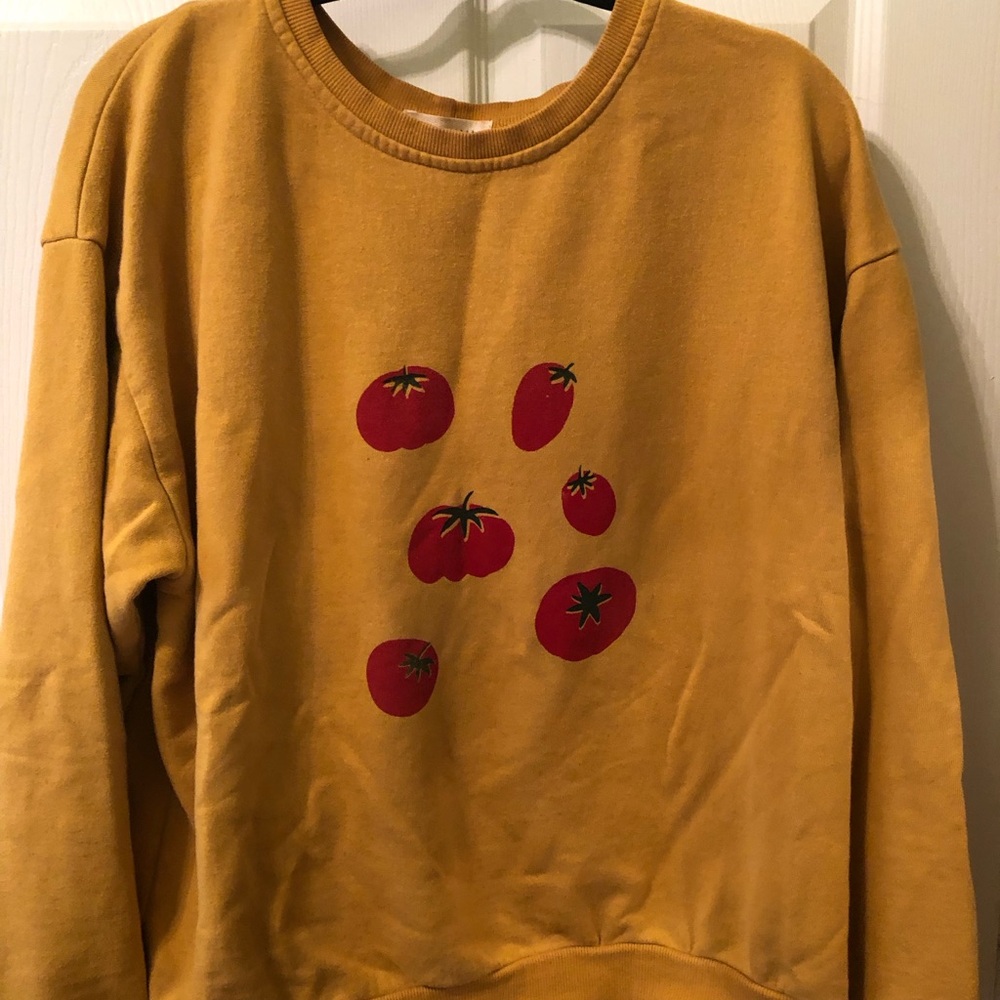 Mustard Yellow Tomato Graphic Sweatshirt - Women's Casual Pullover, Size L